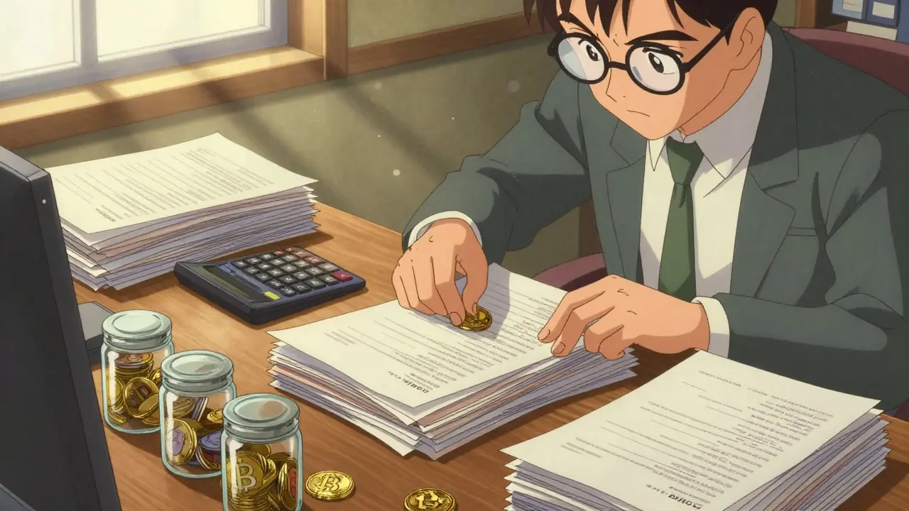 Accountant organizing crypto records and files on a sunlit desk in retro manga style