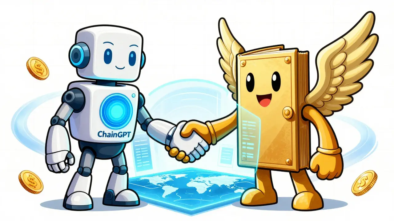 AI robot and ledger book shaking hands in retro anime style