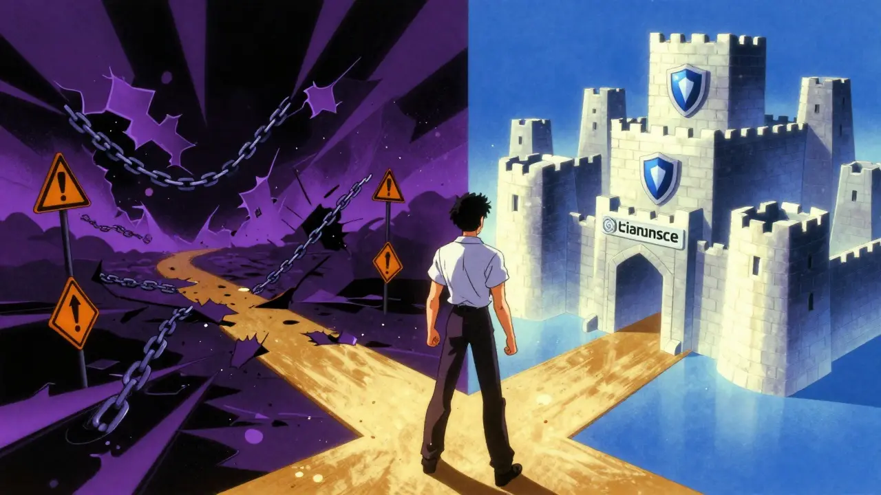 Anime character choosing a secure fortress over a chaotic, glitchy void.