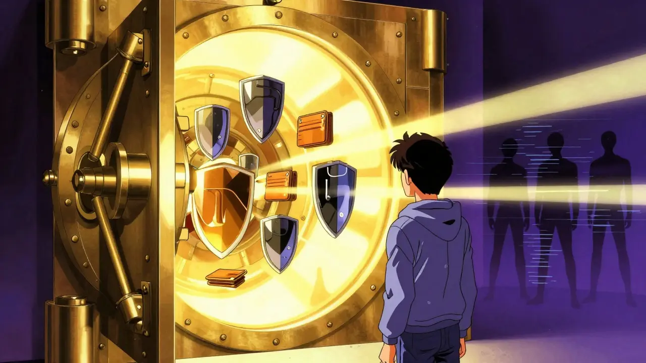Anime character securing assets in a glowing digital vault