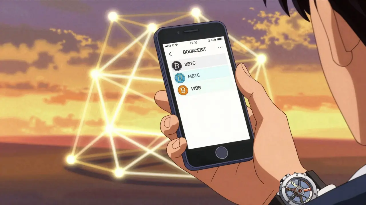 Anime hand swapping tokens on phone with glowing network background