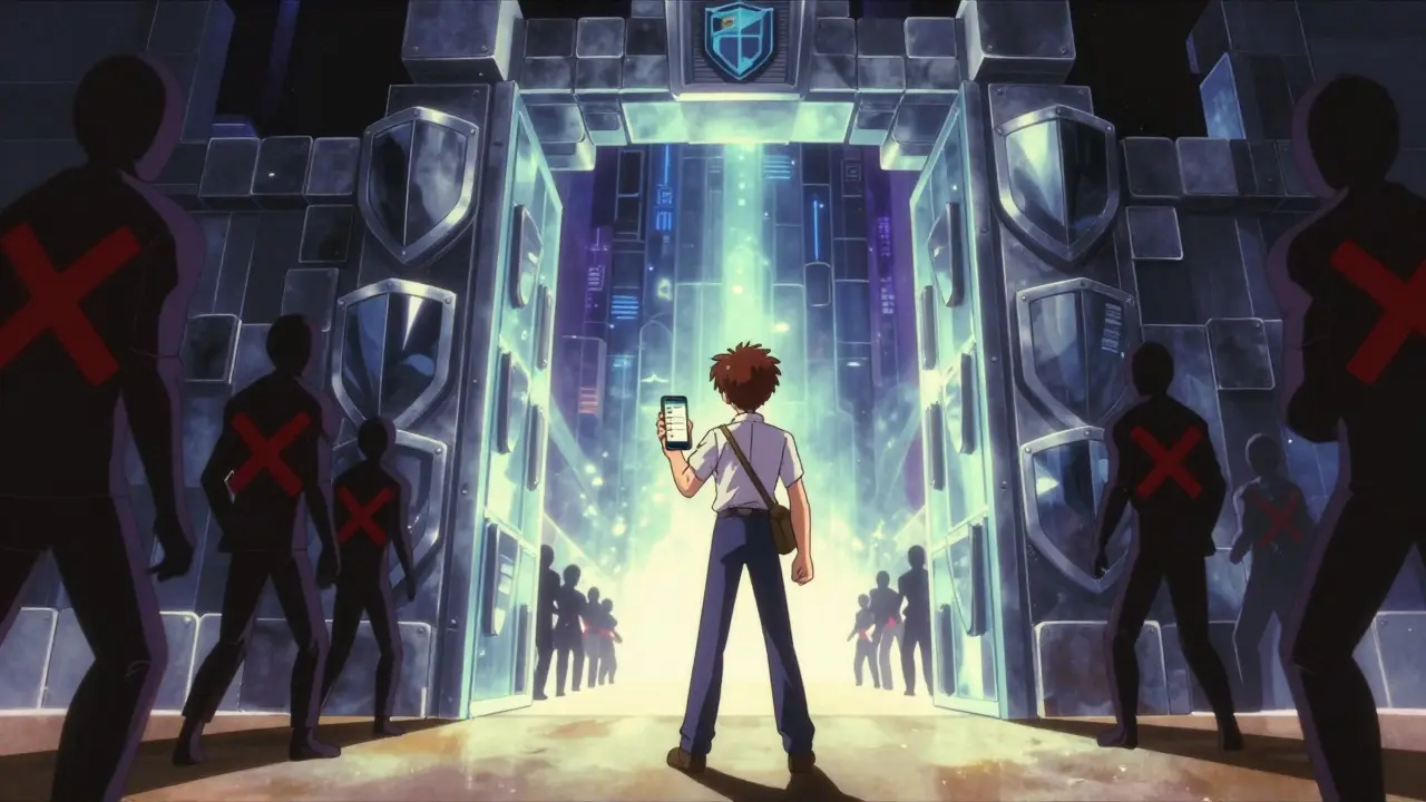 Anime hero facing a secure blockchain gate against scams