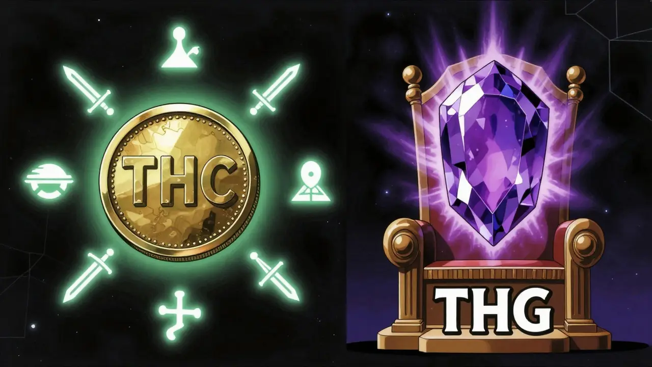 Anime illustration comparing THC coins and THG gems as distinct game assets.