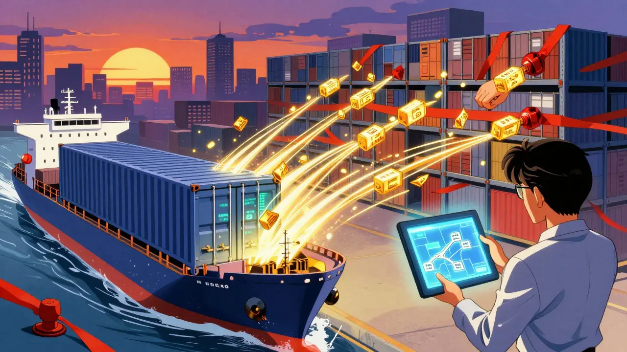 Anime style shipping container sending glowing data streams to bypass bureaucracy.
