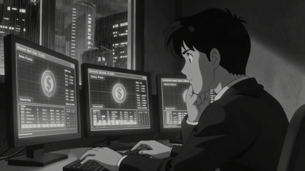 Atmospheric retro anime still of an investor analyzing meme coin prices