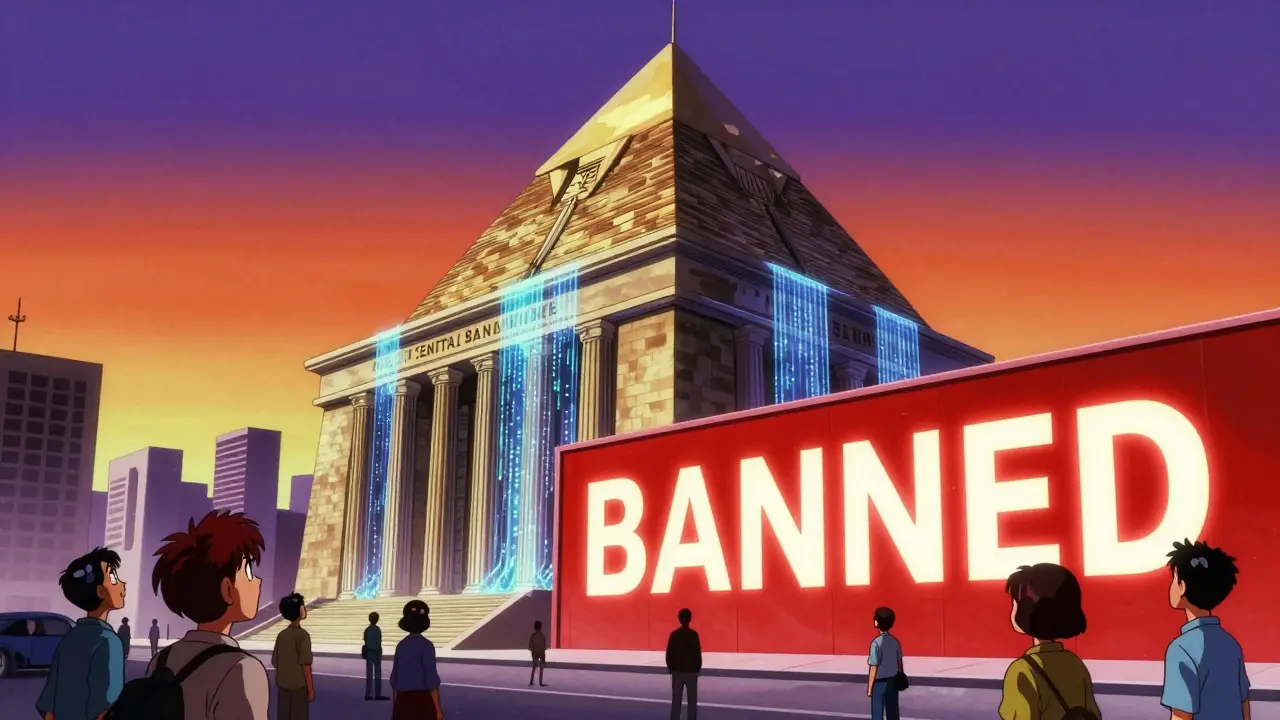 Central Bank tower blocking digital flows over city, citizens watching below