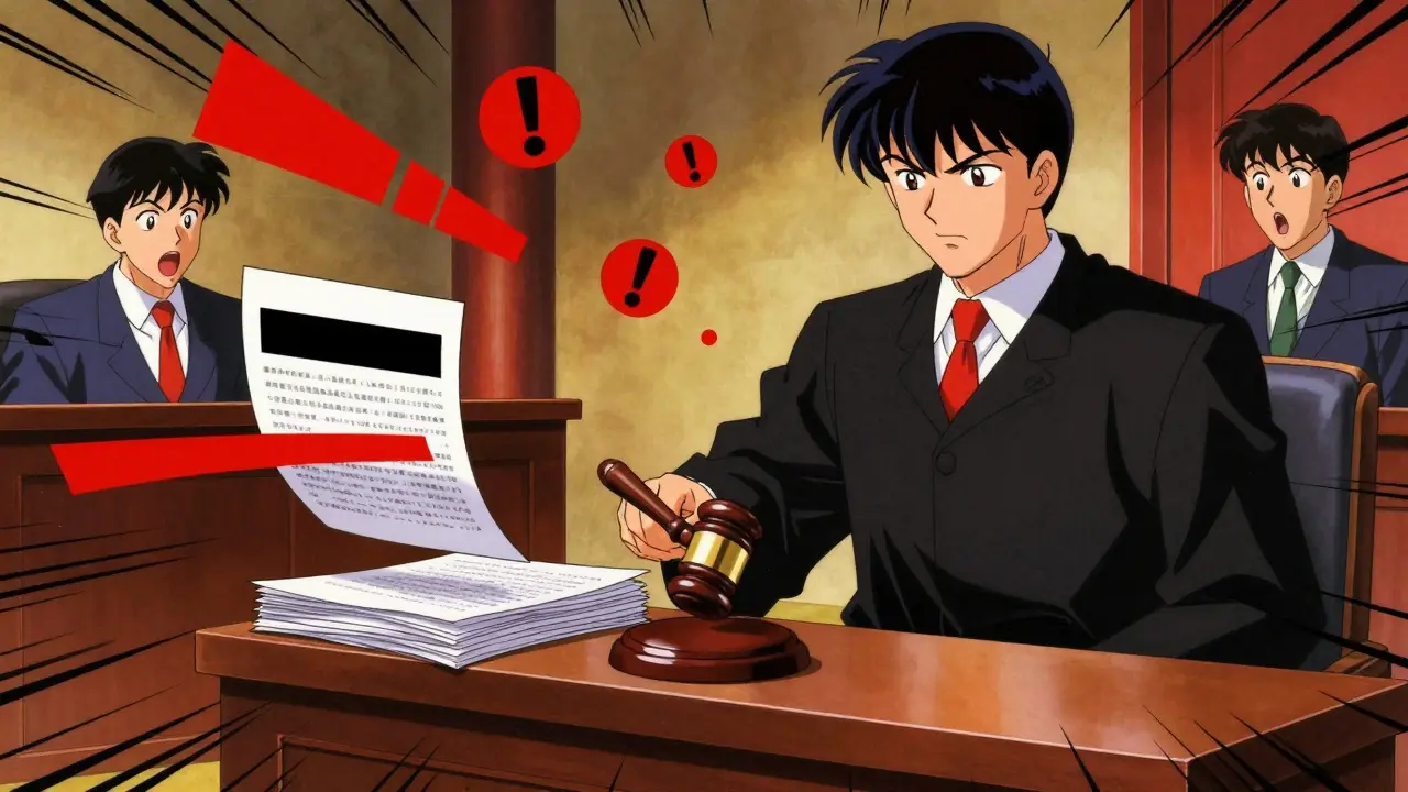 Courtroom scene with failed redactions revealing hidden text in documents