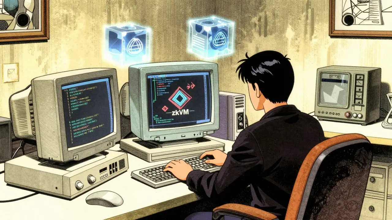 Developer working on crypto code with holographic data in vintage manga art