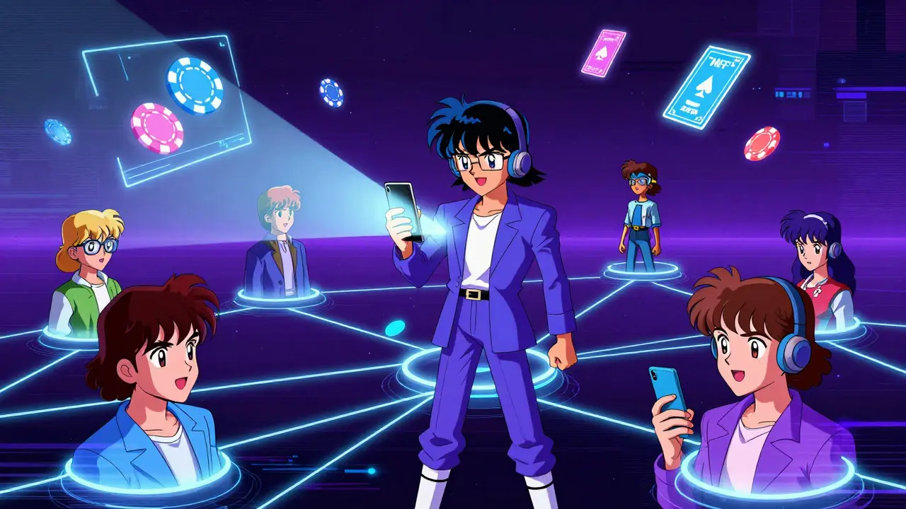 Digital avatars connecting via referral links in retro anime style
