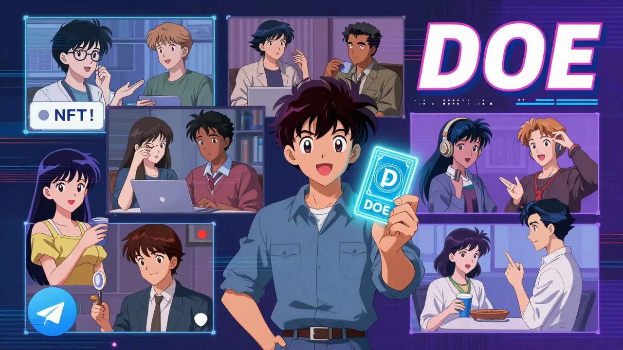 Dynamic retro anime scene of a virtual community discussing NFTs