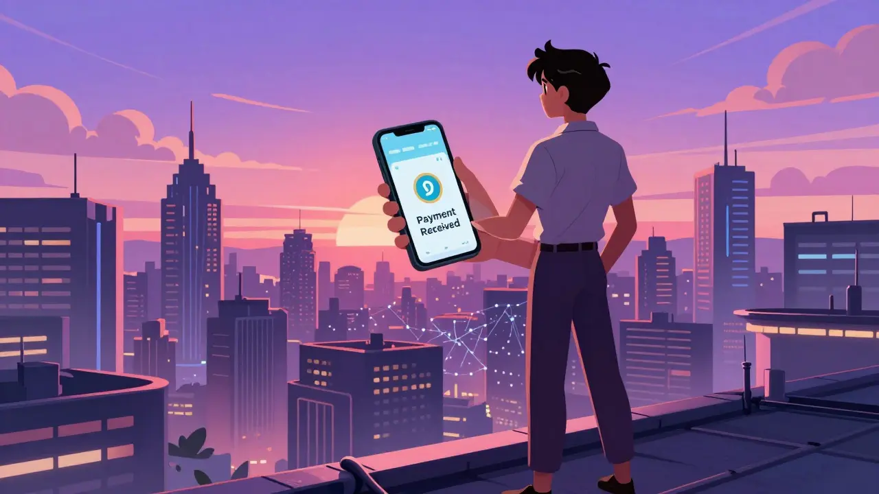 Entrepreneur on rooftop receiving crypto payment notification
