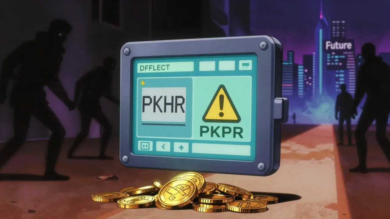 Floating crypto tokens and scam warnings in retro anime art
