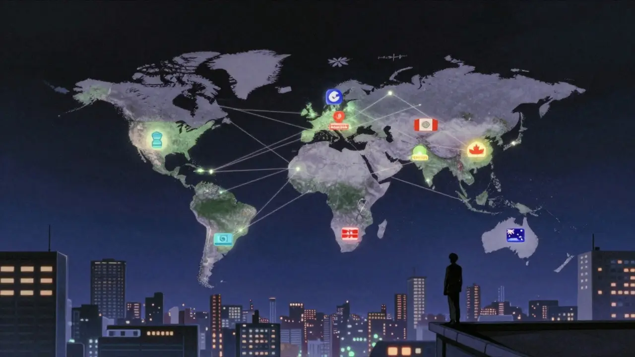 Futuristic anime view of global crypto tax networks over a city