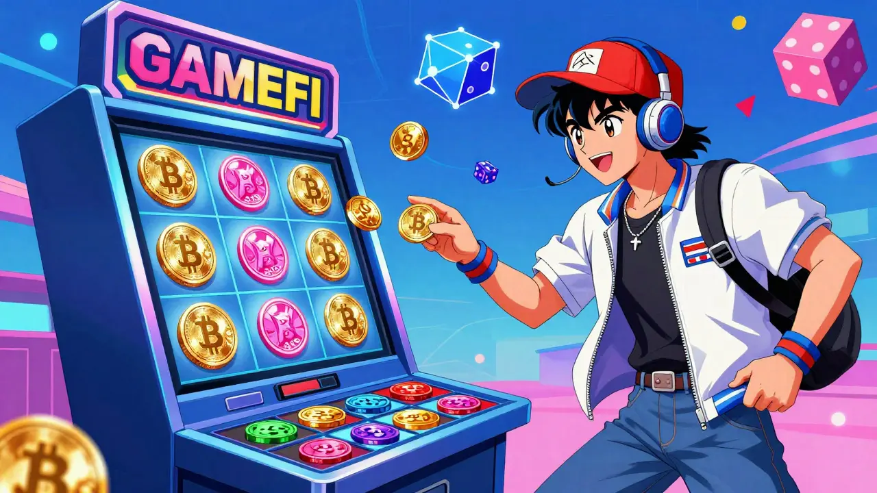 GameFi avatar playing crypto slots in retro anime style