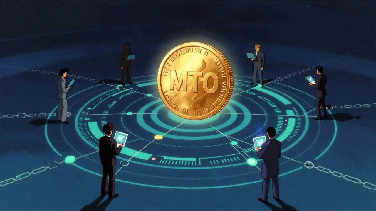 Glowing MTO token surrounded by users in retro anime tech style