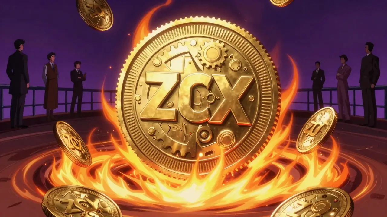 Glowing ZCX token with burning effects symbolizing deflationary mechanics