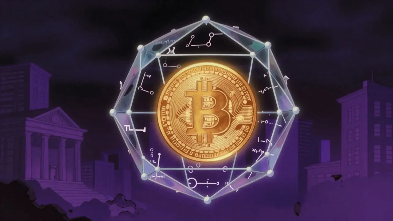 Golden Bitcoin coin locked in cryptographic cage symbolizing unspendable genesis reward