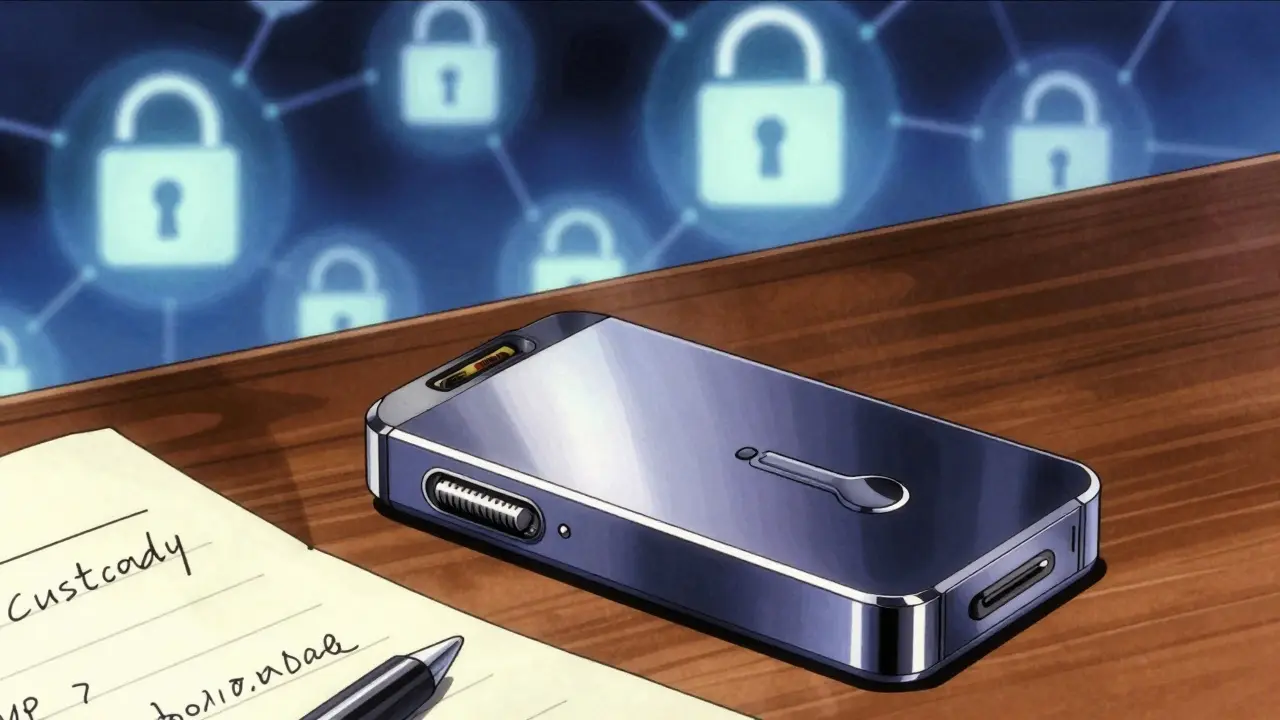 Hardware wallet and notebook emphasizing secure crypto storage