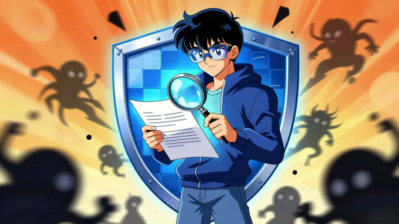 Hero protected by blockchain shield against scam monsters