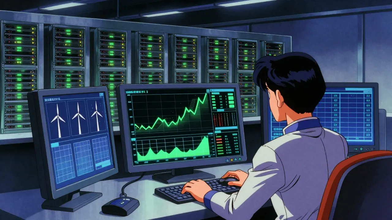 High-tech mining control room with energy grid visuals in vintage anime