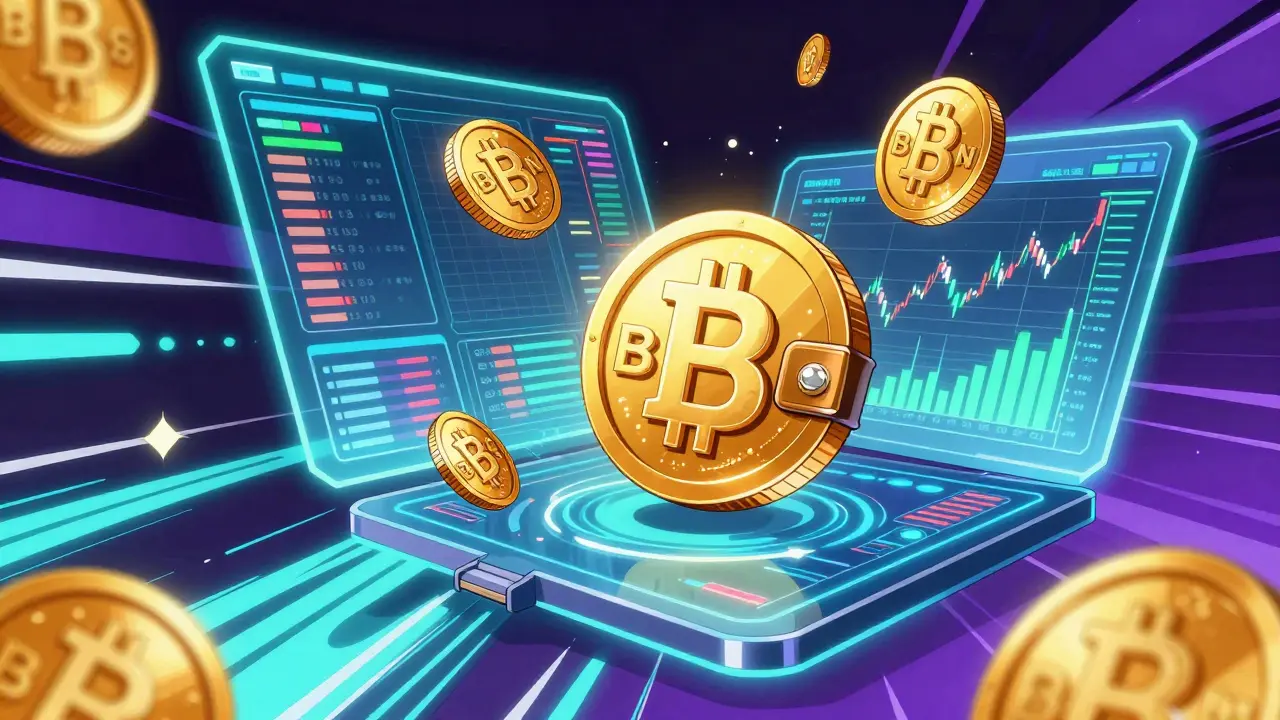 Holographic crypto trading dashboard with floating BNB coins