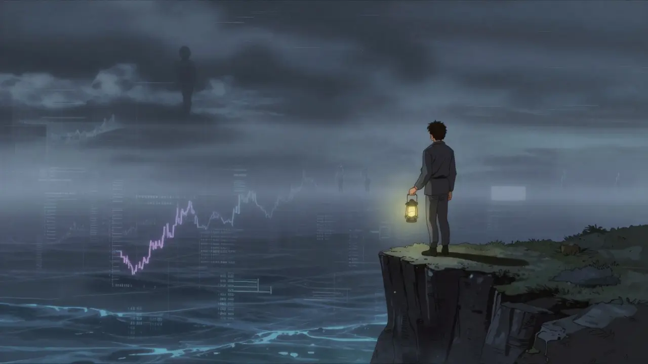 Lone figure on cliff overlooking foggy digital sea in retro anime