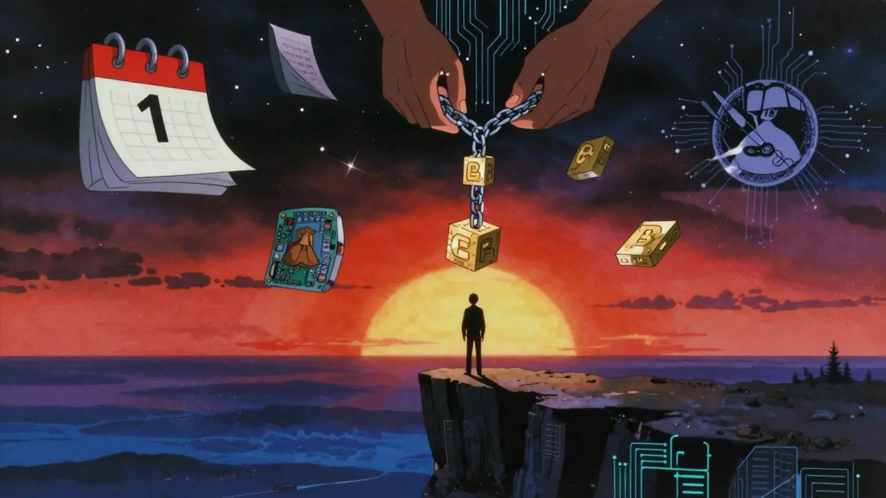 Lone figure watching the first blockchain block form in a retro anime cyber-landscape