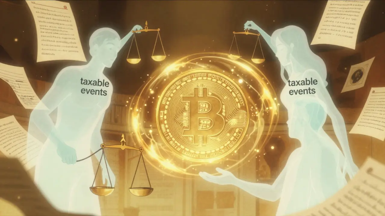 Magical visualization of crypto swap triggering taxable events in vintage anime art