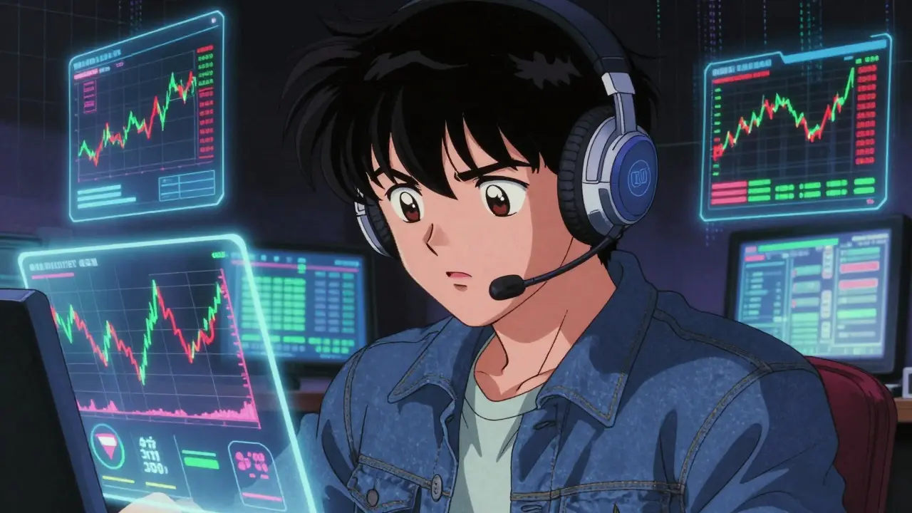 Manga character analyzing volatile crypto charts and liquidity pools on screens