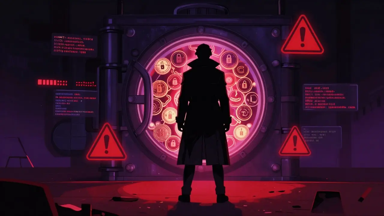 Noir anime scene showing a guarded digital vault representing smart contract risks
