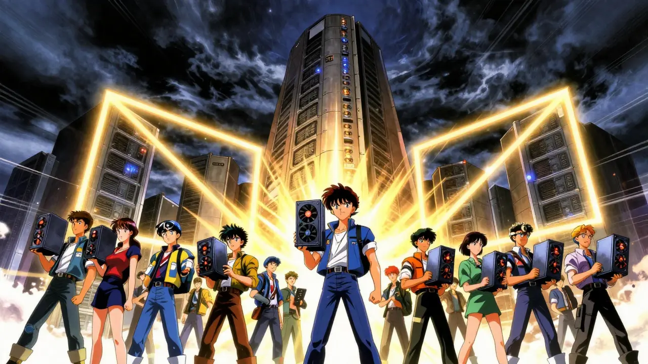 People with computers forming a light barrier against a large server tower
