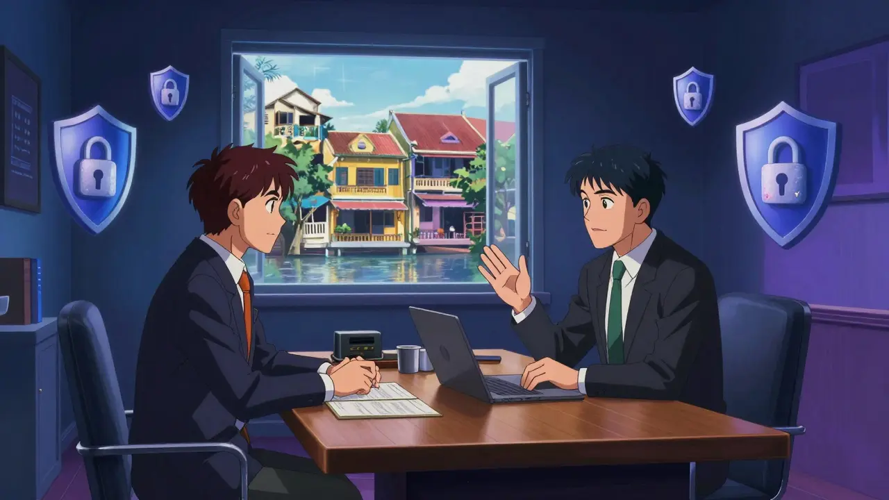 Private OTC meeting scene with security motifs