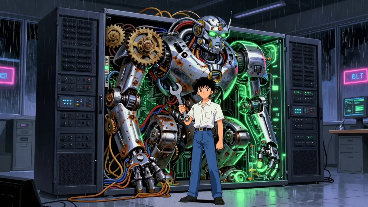 Retro anime engineer fixing a hybrid machine representing legacy systems and new tech.