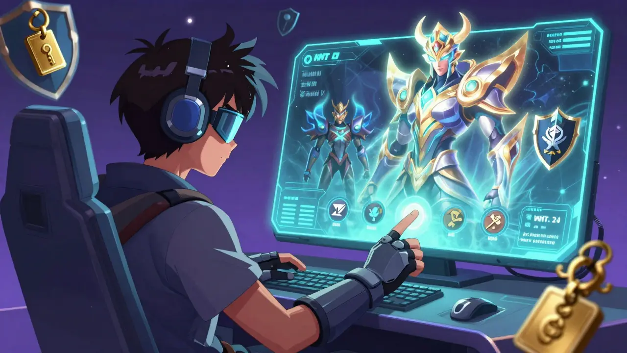 Retro anime player choosing between basic and mythical NFT heroes for earnings.