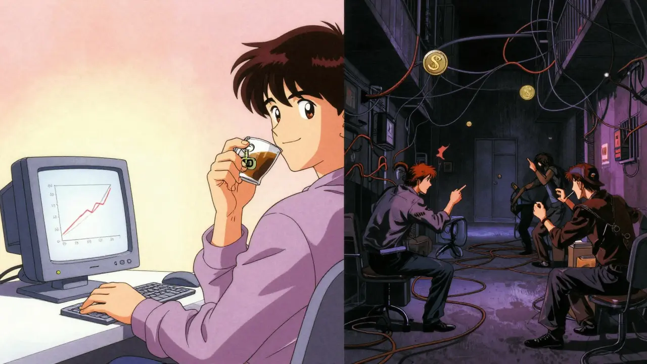 Retro anime split scene comparing safe trading vs risky speculation