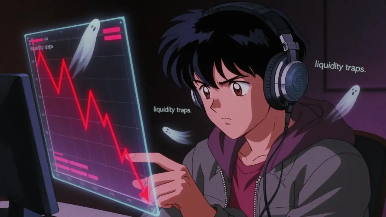 Retro anime trader looking at volatile crypto chart with liquidity trap ghosts