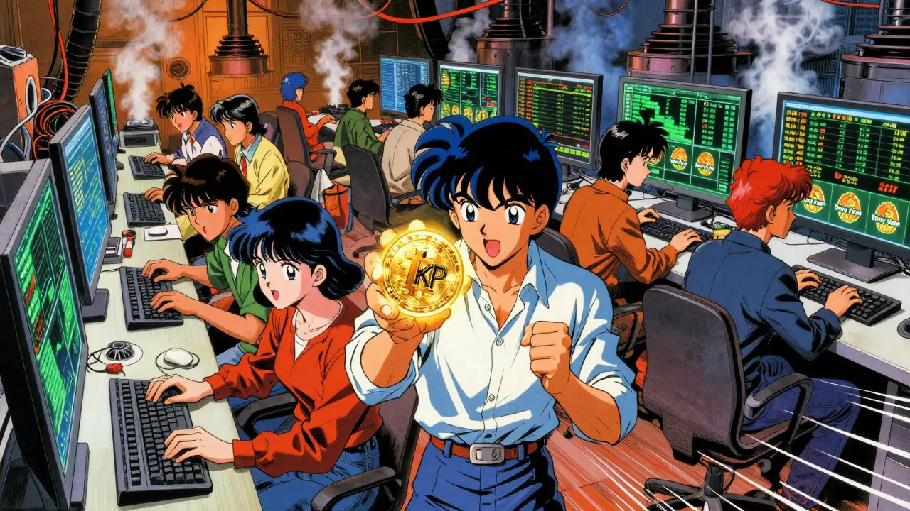 Retro anime traders buying bounty tokens on screens