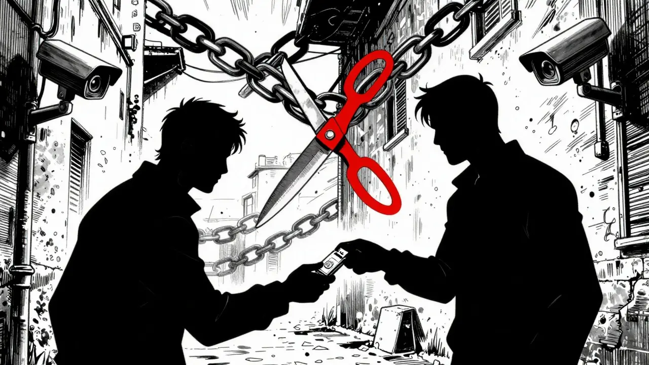 Shadowy figures exchanging crypto in alley under surveillance, censorship theme