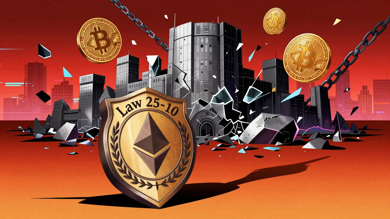 Shattered crypto tokens behind a looming law shield, retro anime style
