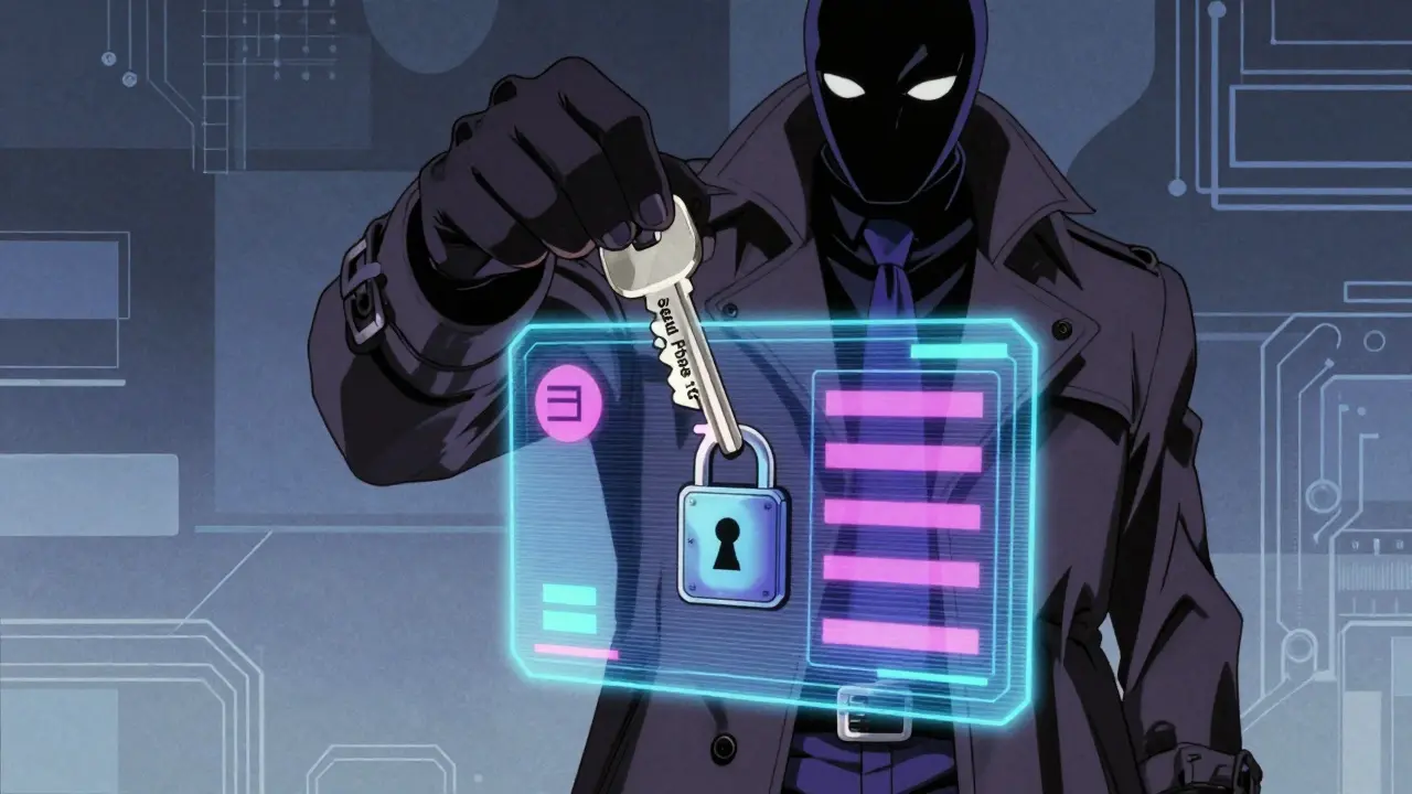 Sinister figure stealing seed phrase from digital wallet