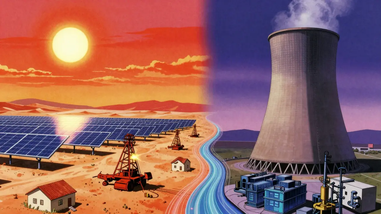 Solar farms and nuclear plants linked by data streams in retro anime