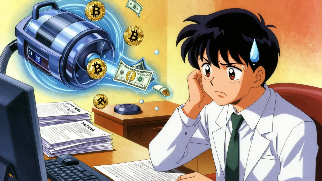 Stressed anime character surrounded by tax forms and floating crypto coins