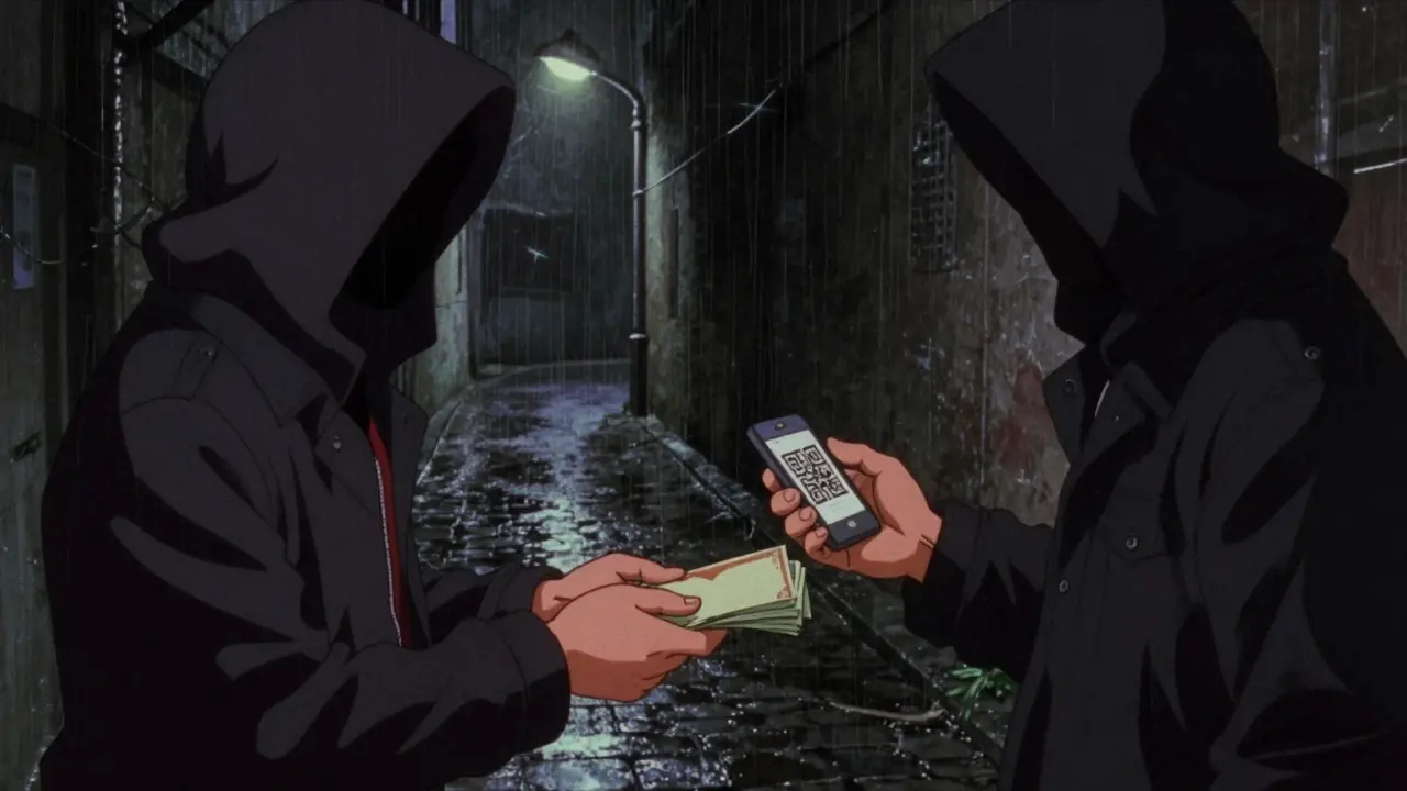 Two hooded figures exchanging cash and phone in rainy alley, retro anime