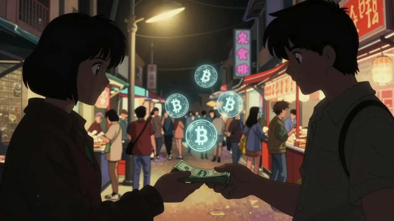 Two people exchanging cash and digital coins in a night market