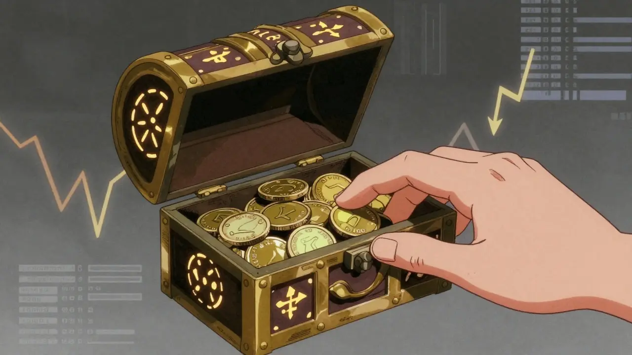 A digital wallet chest with scattered low-value coins in a retro anime setting