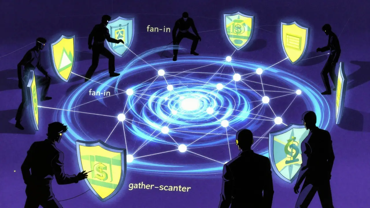 Abstract retro anime art depicting complex money laundering patterns and algorithmic defense.