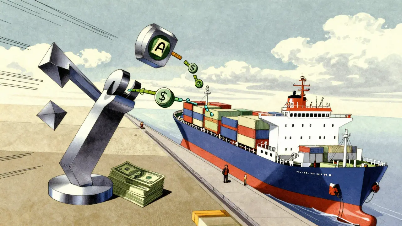 Abstract visualization of automated smart contracts processing payments at a port in retro anime art.