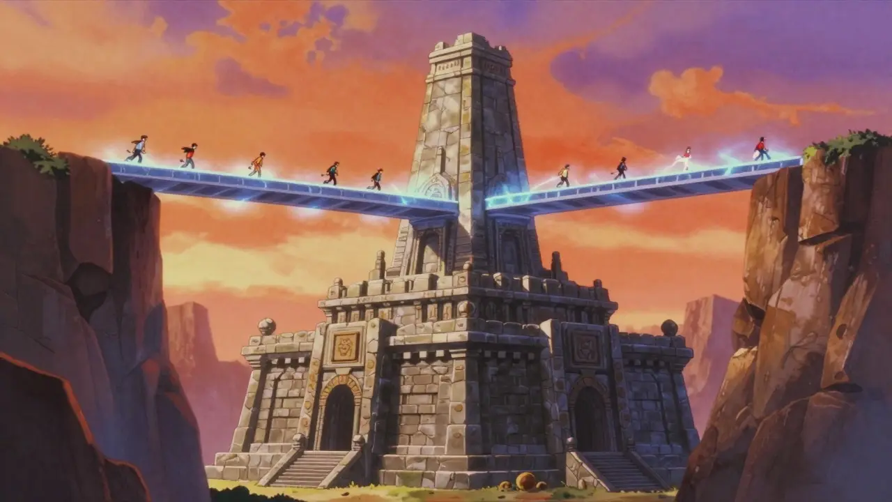 Anime art of a bridge over a temple symbolizing Layer 2 blockchain solutions