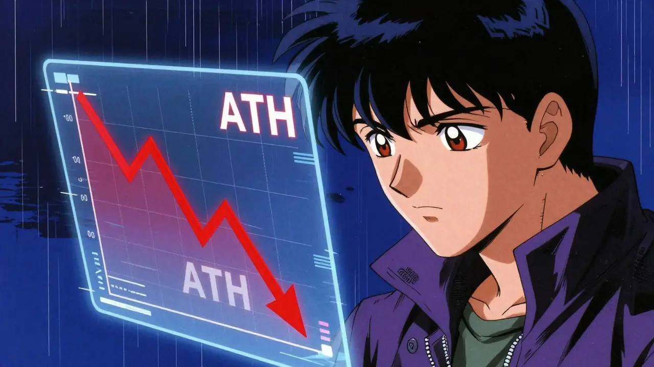 Anime character analyzing a red downward crypto chart on hologram
