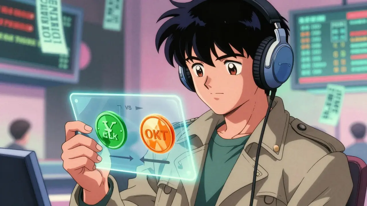 Anime character comparing ELK and OKT tokens on a holographic wallet